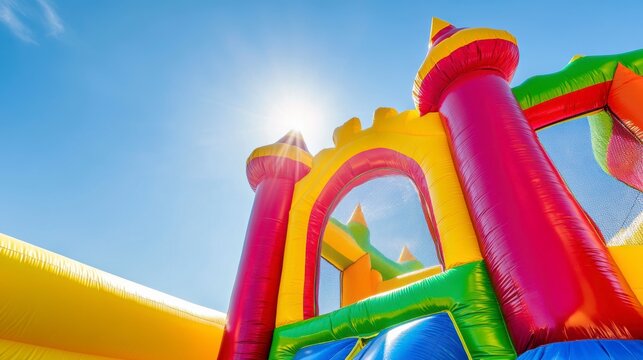Colorful inflatable castle bounce house against a bright sunny blue sky.