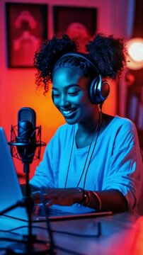 African American female podcaster sitting in front of laptop with microphone and headphones in the dark room.