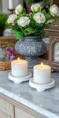 Elegant home decor with candles and flowers creating a warm ambiance