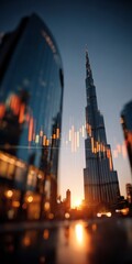 Fototapeta premium Dubai Skyline Sunset Financial Growth Stock Market Chart Overlay