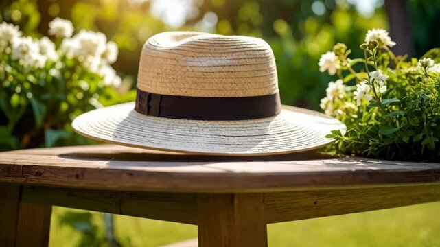 Woven summer hat with black ribbon on a rustic wooden table next to blooming white flowers under bright sunlight.