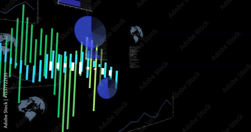 Poster bars emerging from lower-left initiating 3d data dashboard build, displaying charts, scrolling code