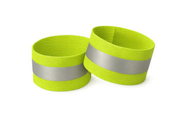 Fluorescent yellow reflective armbands providing high-visibility safety for nighttime runners, cyclists, and pedestrians against clean background