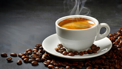 Steaming espresso cup with coffee beans