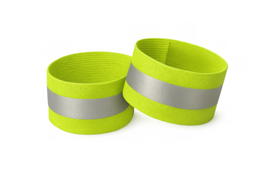 Fluorescent yellow reflective armbands providing high-visibility safety for nighttime runners, cyclists, and pedestrians against clean background