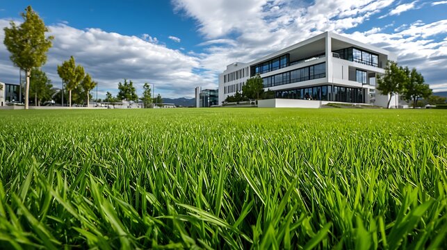 Low-Angle View of a Lush Green Lawn Leading to a Modern White Building Under a Bright Blue Sky, Representing Architecture, Landscaping, and Corporate Identity