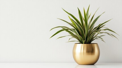 Lush green plant in a gold pot against a white wall.