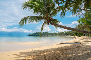 Beautiful tourist attractions Beach Koh Kood Island Thailand Trat, tropical beach with palm trees and a turqouse colored ocean on a sunny day, Ko Kut Island with coconut palm trees on the beach,Travel