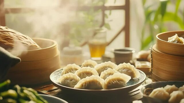 Steaming dumplings on plate