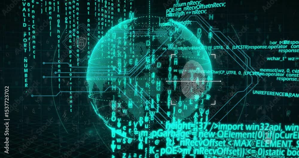 Poster Opening with teal 3D globe hovering over grid, rotating locking icons visualizing secure network