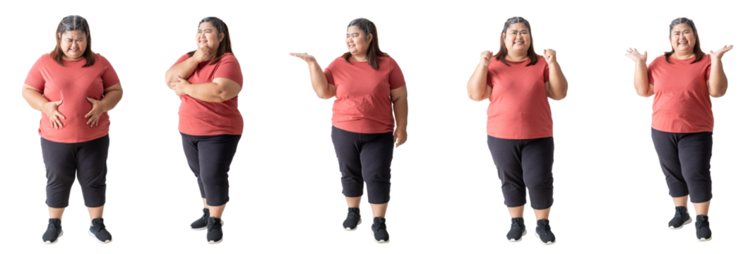 Full body, Set of Portrait of Fat Asian woman smiling standing and posing facial expression, Thinking, happy, looking, Isolated on white background, PNG