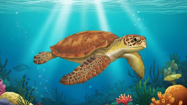 Brown Sea Turtle Swimming in Blue Ocean Water with Vibrant Coral Reefs