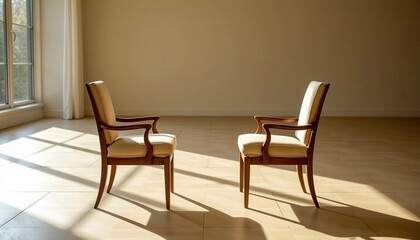 Two elegant wooden armchairs with cream upholstery face each other in a sunlit, minimalist room with large windows and light wooden flooring.