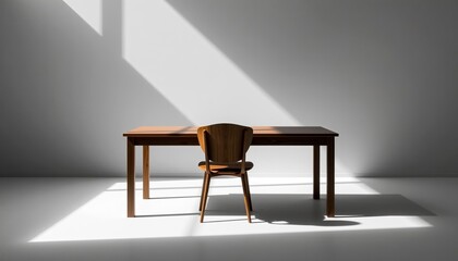 A wooden chair is placed behind a simple wooden table in a minimalist room with sunlight casting geometric shadows on the floor and wall.