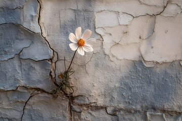 A delicate cosmos flower growing through a cracked wall.