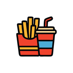Colorful graphic illustration of french fries in a carton and a soda cup with straw.
