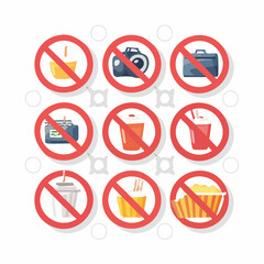 A collection of prohibition signs featuring various objects, concepts, and items.