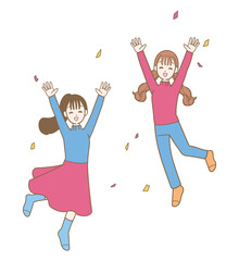 ジャンプして喜ぶ元気な女性のイラスト