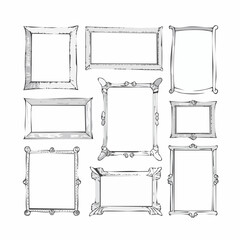 Collection of hand-drawn vintage picture frames in various shapes and sizes, isolated