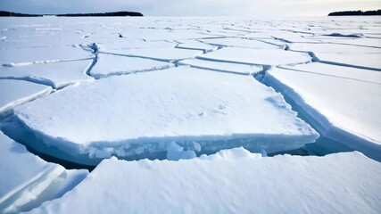 Cracked glacial ice floes covering a frozen lake surface, distant shoreline visible on cold winter day with overcast weather conditions - Powered by Adobe