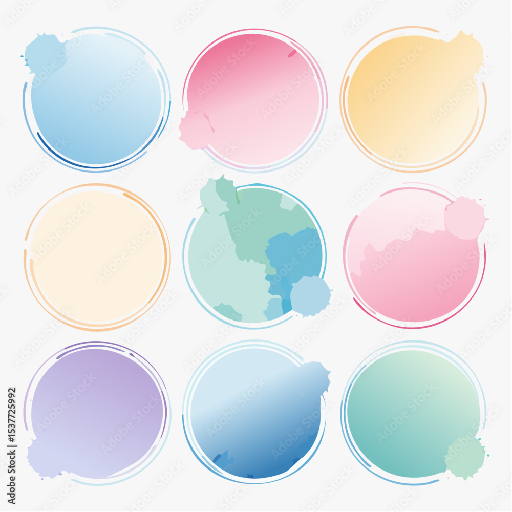 Poster colorful gradient circle design elements with splash textures on a white background