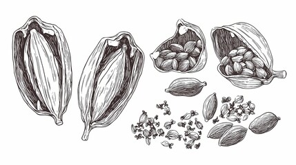 Hand drawn illustration of cardamom pods and seeds.