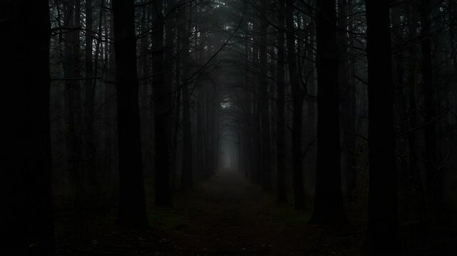 Dark Forest Trail with Foggy Path Amidst Dense Trees in a Atmospheric Scene