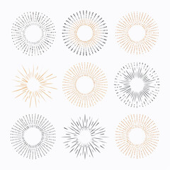 Diverse collection of vector sunburst designs with radial lines and dotted patterns on white background