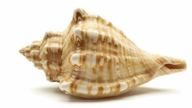 Detailed Beige Seashell with Brown Stripes on White Background