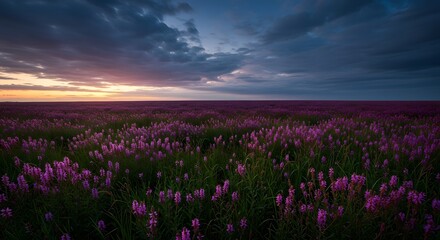 Obraz premium Flower Field at Sunset with Cloudy Sky