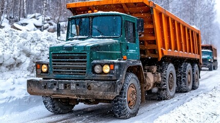 Green Dump Truck on Snowy Road in Winter