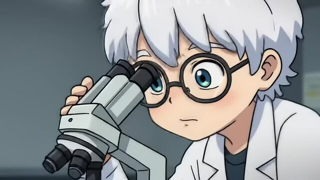 Young scientist observing samples through a microscope in a laboratory filled with colorful liquids