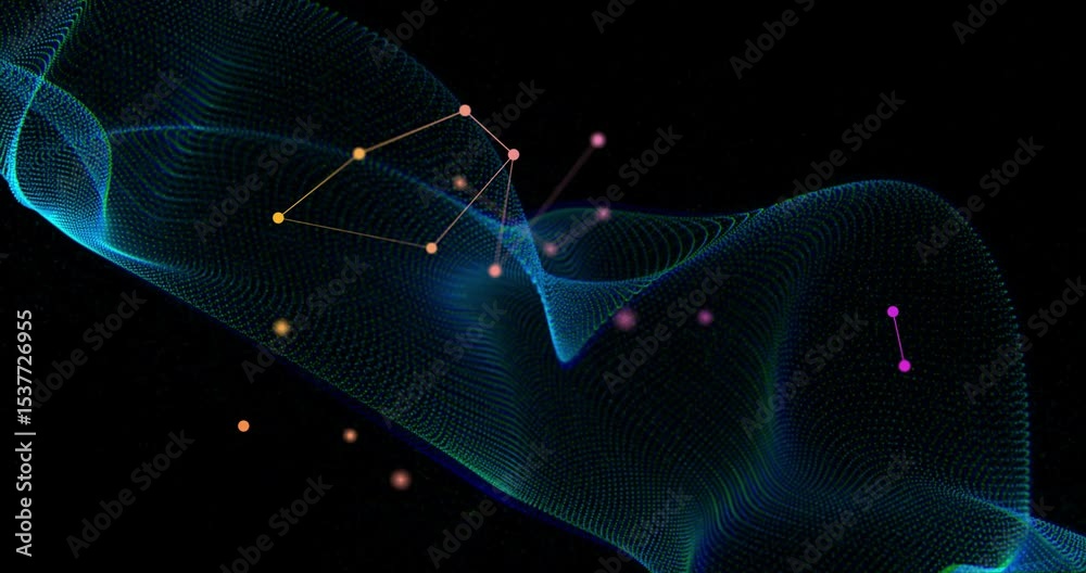 Poster after pause mesh undulating, data nodes appearing, lines connecting nodes showing network growth