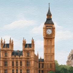 Fototapeta premium London Watercolor Cityscape Big Ben Palace of Westminster Landmark Travel