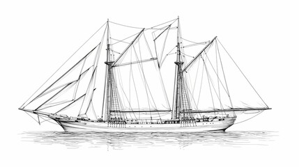 Detailed line drawing of a sailing ship.