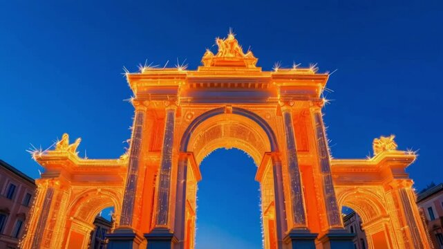 Classical building outline formed by sparkling orange lights against blue sky..