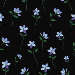 Seamless floral pattern with purple and blue blossoms on navy background, elegant botanical design for fashion, packaging, home decor and paper goods.