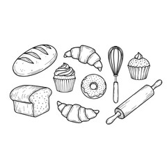 Bakery bread croissant cupcake donut sketch vector illustration baking kitchen utensils drawing line art
