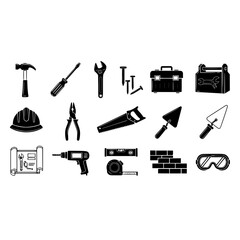 Obraz premium Construction tools vector set, hammer, screwdriver, wrench, nails, toolbox, saw, trowel, drill, level, tape