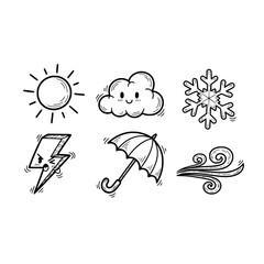 Weather forecast doodle set sun cloud snowflake lightning umbrella wind hand drawn vector illustration