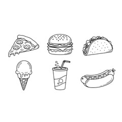 Outlined fast food collection featuring burger pizza taco hotdog ice cream and soda vector illustration
