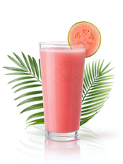 Tropical Pink Guava Smoothie in Tall Glass with Palm Leaves

