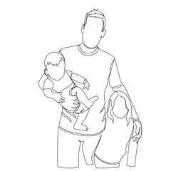 Line drawing of a man holding a baby while standing next to a child. Family concept illustration for parenting, fatherhood, bonding, and family themes.