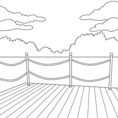 Line art illustration of boardwalk with rope fence and trees in background, suitable for coloring books, children’s activities, nature-themed designs, and outlines.