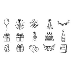 Celebration birthday party doodle vector design with balloon gift cake confetti and party hat elements design