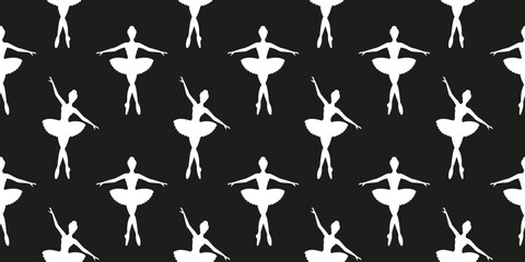 Pattern of ballerina silhouettes on black background. Pretty ballet dancer in tutu cartoon pattern. Black and white pattern