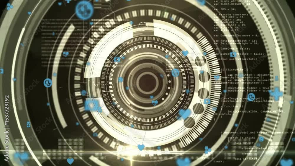 Poster on startup metallic rings and gears pulsing rotating as blue icons orbiting visualizing data flow