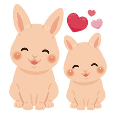 お座りした笑顔のウサギの親子イラスト