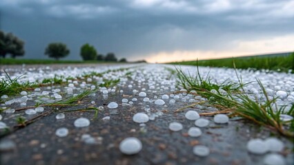 Fototapeta premium Hails on a wet asphalt road in the countryside in the evening.