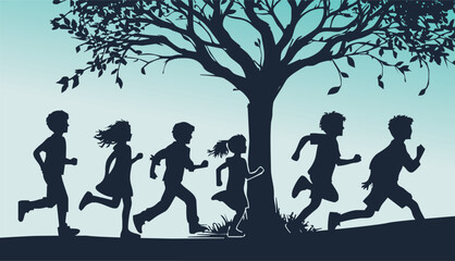Obraz premium Children playing in a park. Vector illustration.kids playing and running with autumn trees vector in white background